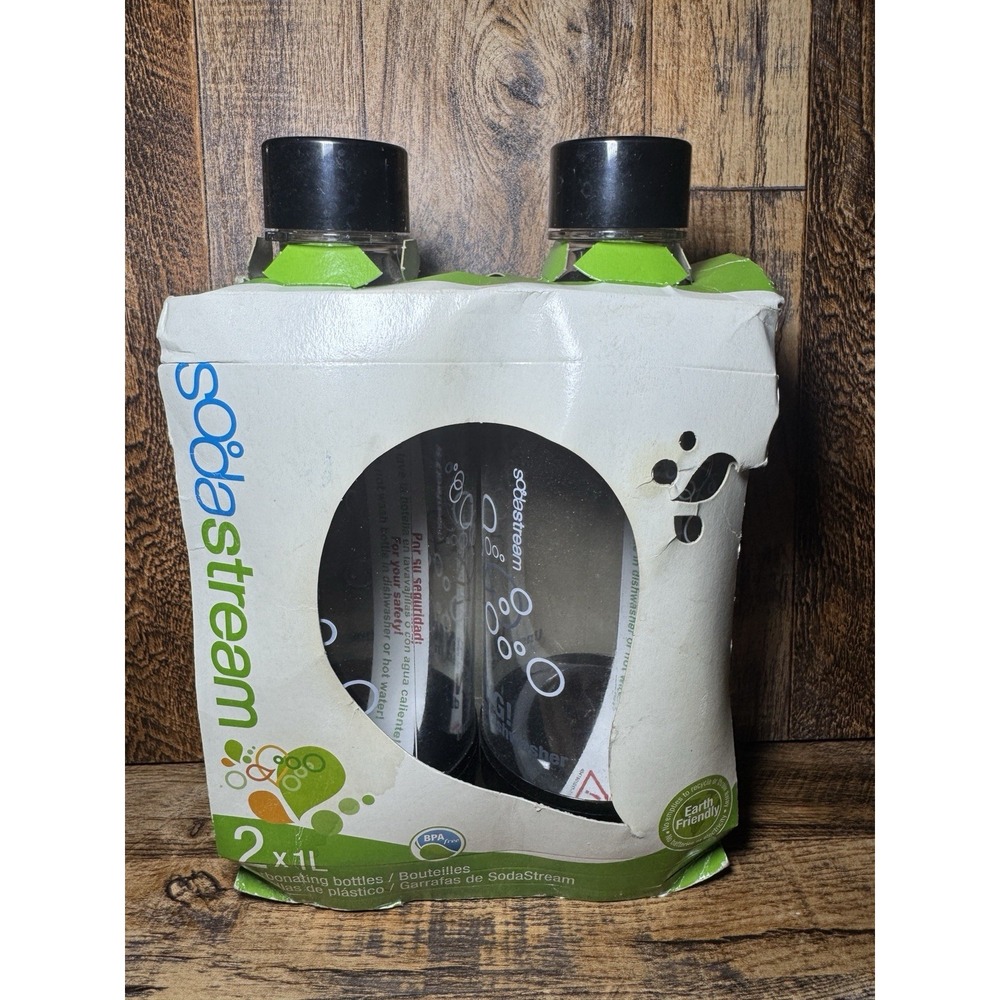 New In Box SodaStream Black Lid Carbonating Bottles‎ 2 Pack 1 Liter Each